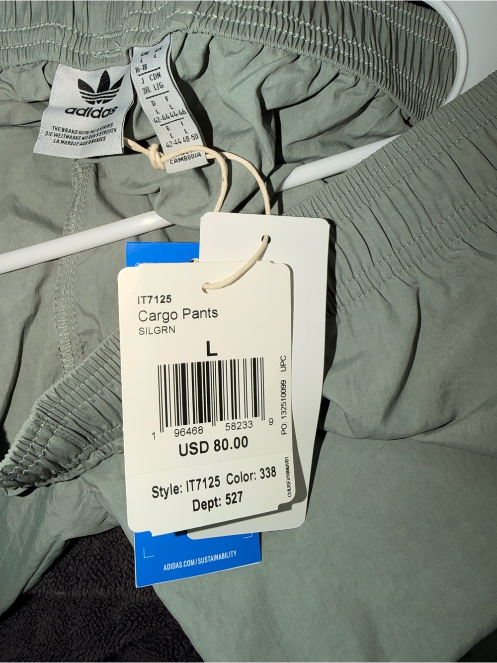 adidas Sage Green Cargo Track Pants with White Stripes - Picture 3 of 5
